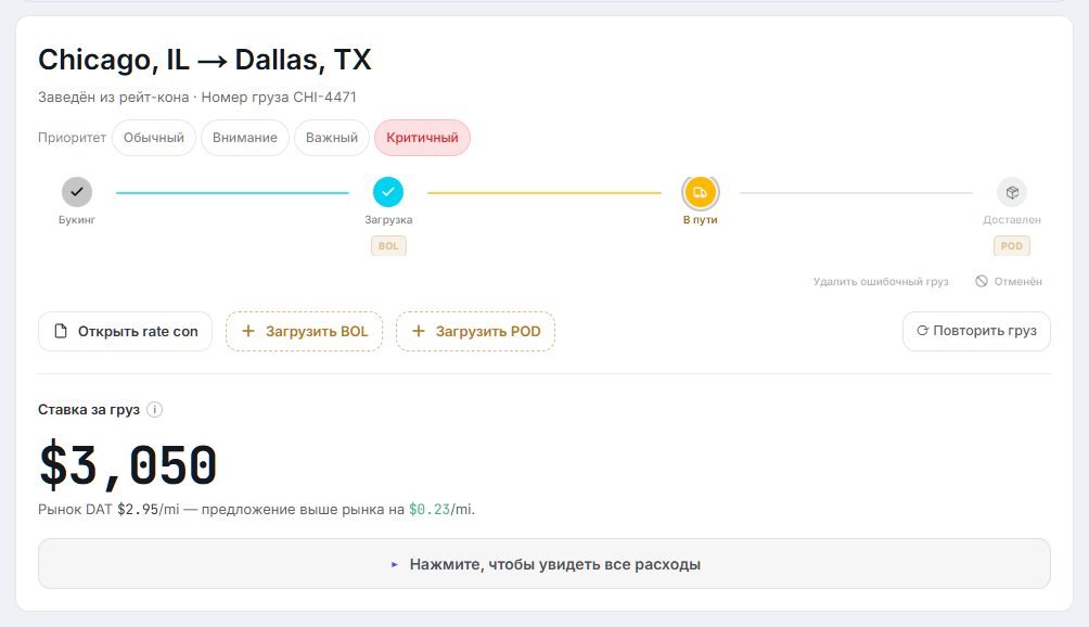 Карточка груза Chicago — Dallas в TMS