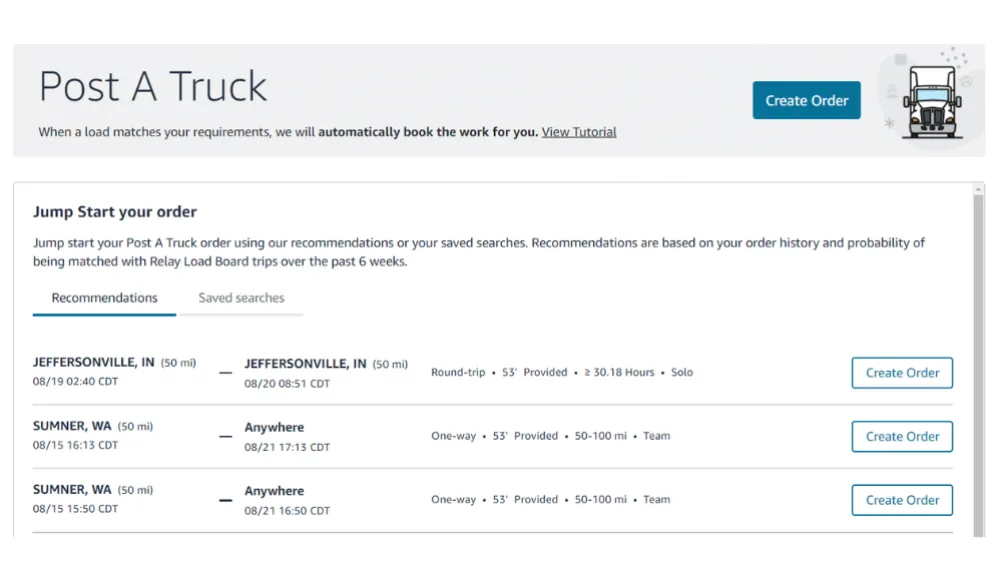 Экран Post A Truck на сайте Amazon Relay